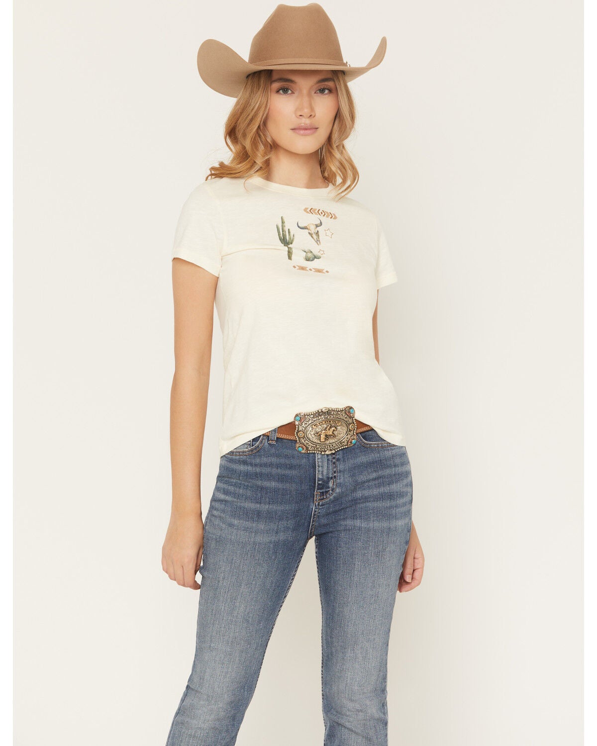 Shyanne Women's Icon Embroidered Short Sleeve Graphic Tee, Cream, hi-res