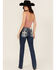 Image #1 - Miss Me Women's Dark Wash Mid Rise Cross Pocket 34" Bootcut Stretch Denim Jeans, Dark Wash, hi-res