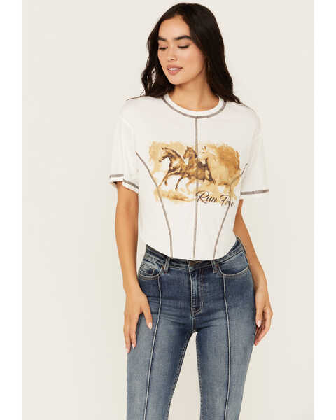 Youth in Revolt Women's Running Horse Seamed Cropped Graphic Tee, Ivory, hi-res