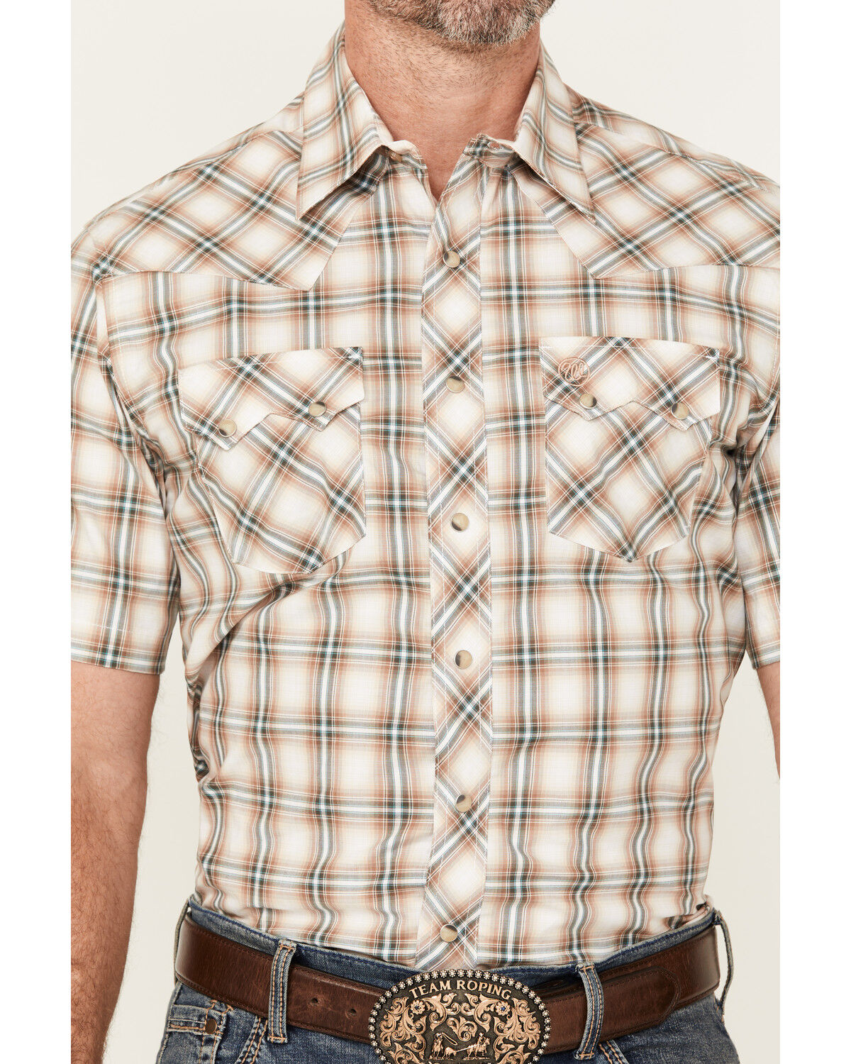 Image #3 - Wrangler Retro Men's Plaid Print Short Sleeve Snap Western Shirt, Brown, hi-res