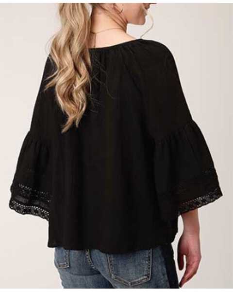 Image #2 - Roper Women's Bell Sleeve Embroidered Peasant Blouse, Black, hi-res