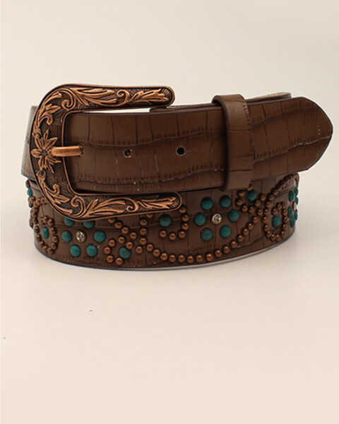 M & F Western Women's Brown Gator Print Copper & Patina Beaded Leather Belt , Brown, hi-res