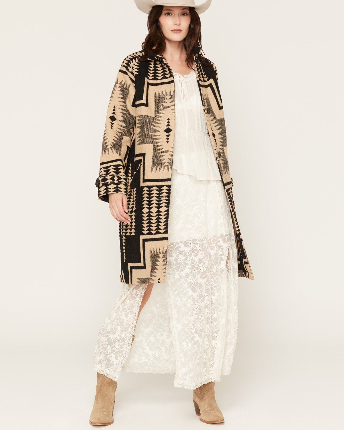 Pendleton Women's Geo Print Button-Down Wool Coat, Black, hi-res