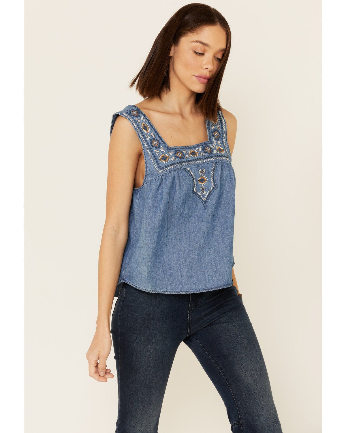 Wrangler Retro Women's Americana Chambray Embroidered Neck Tank Top, Blue, hi-res