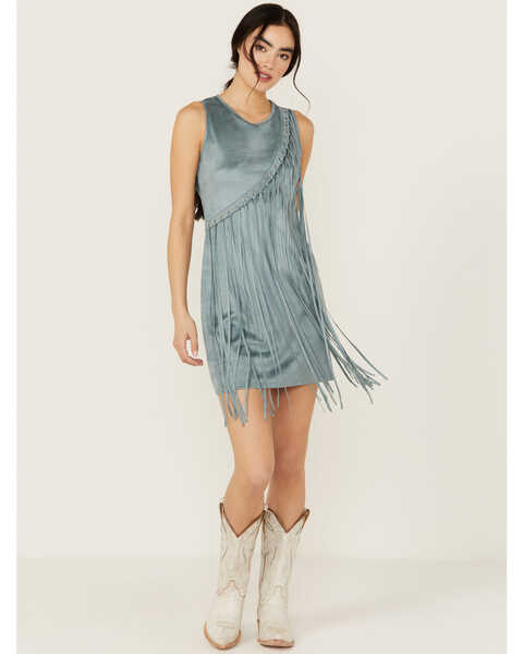 Rock & Roll Denim Women's Asymmetrical Fringe Sleeveless Mini Dress , Jade, hi-res