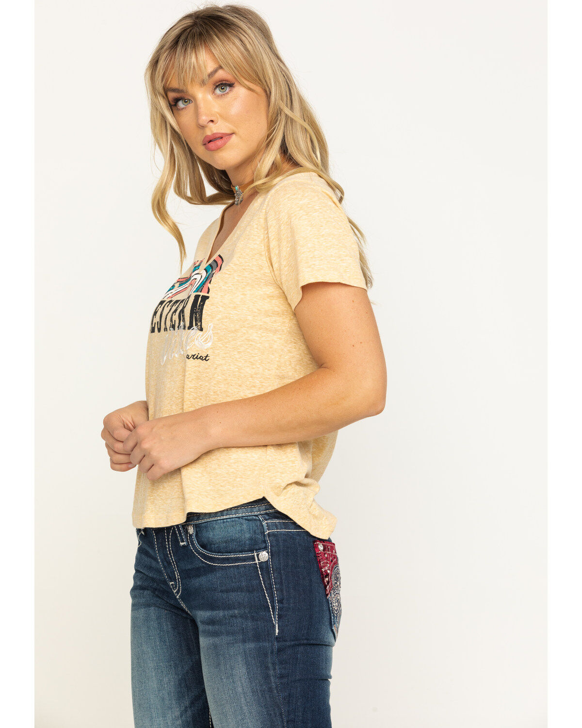 Image #3 - Ariat Women's Mustard Western Vibes V-Neck Graphic Tee, , hi-res