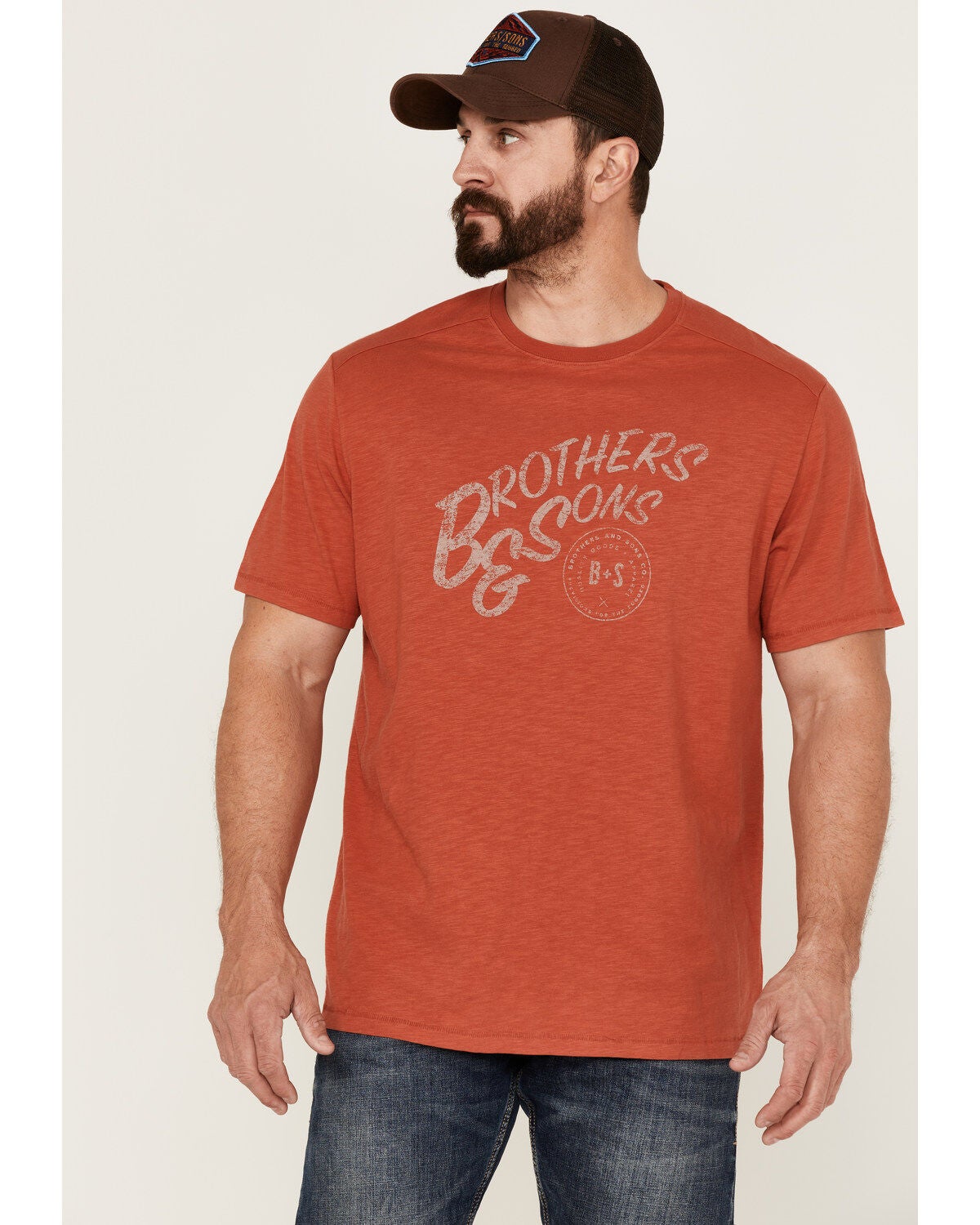 Brothers and Sons Men's Mercantile Light Red Weathered Slub Graphic Short Sleeve T-Shirt, Orange, hi-res