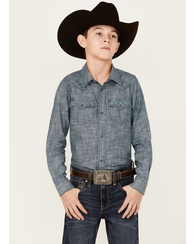 Cody James Boys' Hotspot Twill Print Long Sleeve Snap Western Shirt , Blue, hi-res