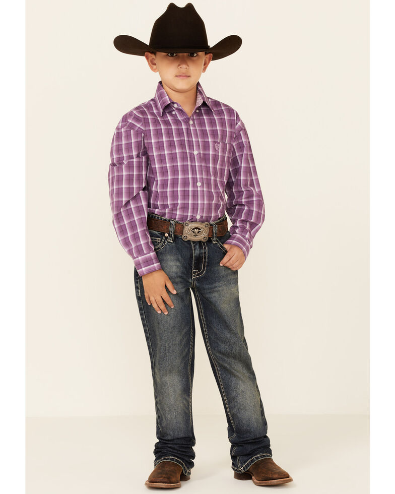 Panhandle Select Boys' Orchid Check Plaid Long Sleeve Button-Down Western Shirt , Purple, hi-res