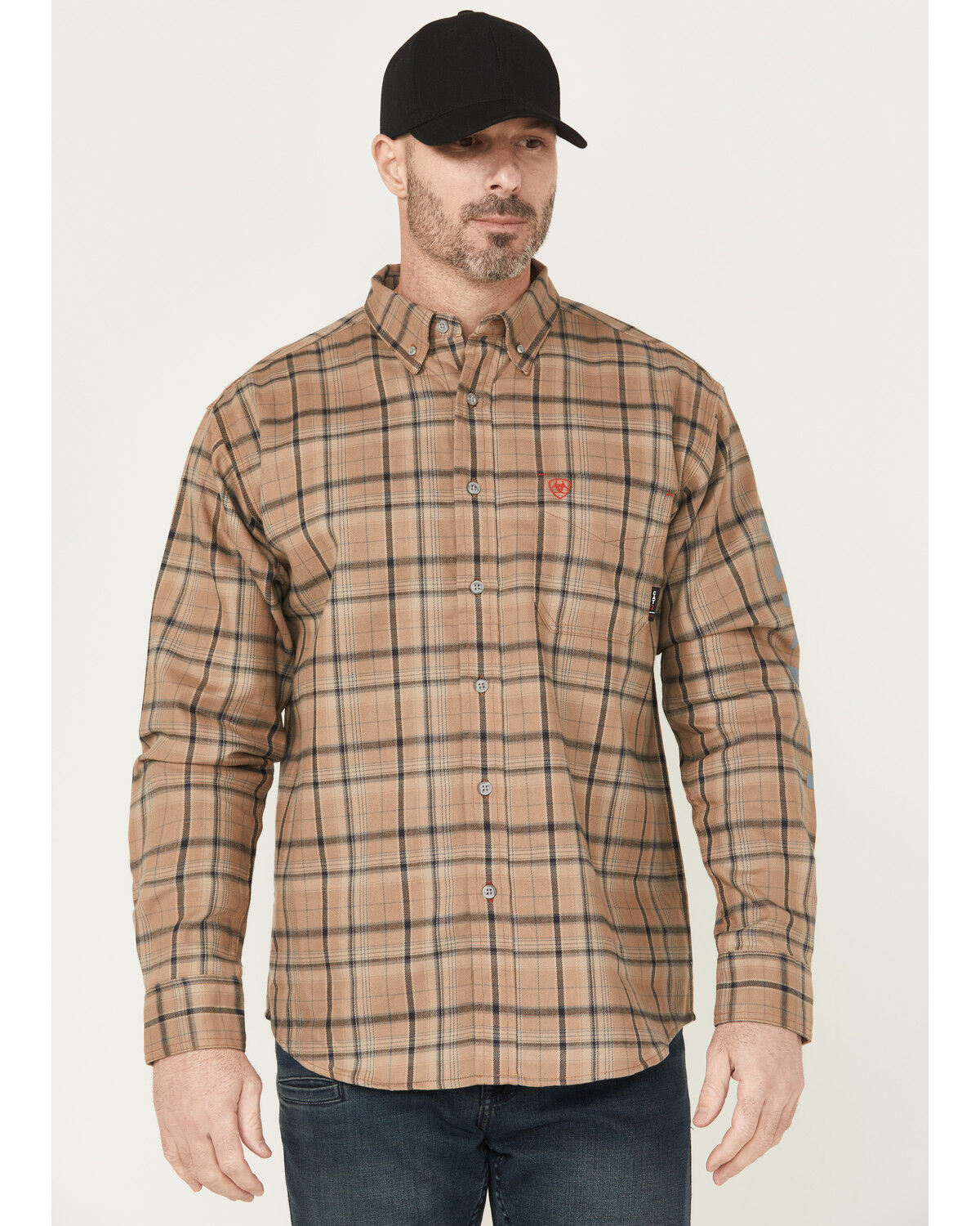 Image #1 - Ariat Men's FR Dean Plaid Print Long Sleeve Button-Down Work Shirt, Khaki, hi-res
