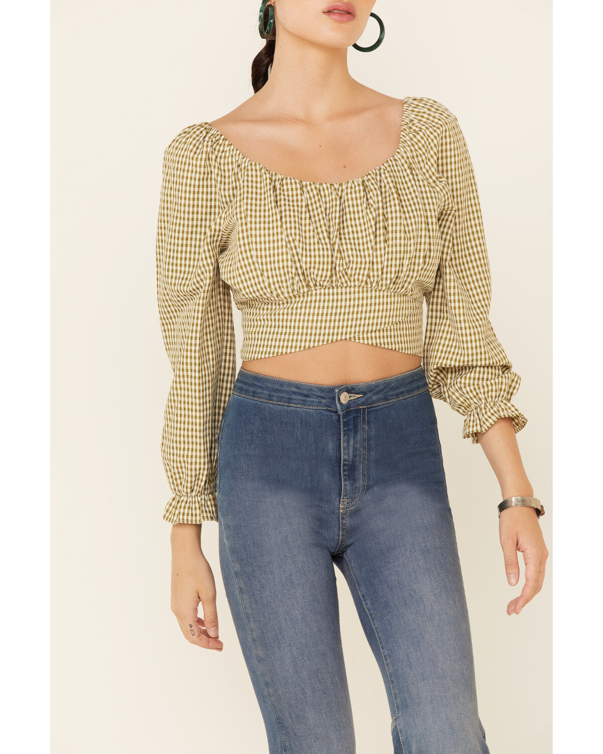 Image #3 - Beyond The Radar Women's Gingham Print Tie Back Crop Top, Olive, hi-res