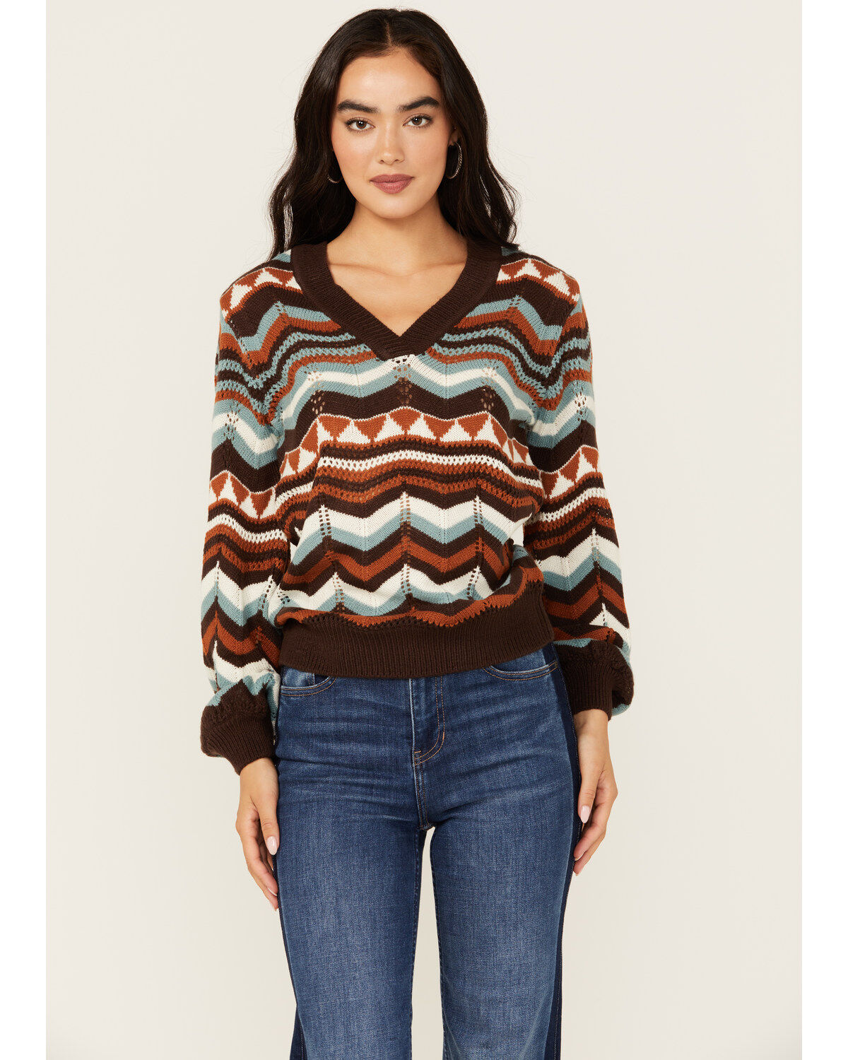 Image #1 - Shyanne Women's Zig Zag V Neck Sweater, Caramel, hi-res