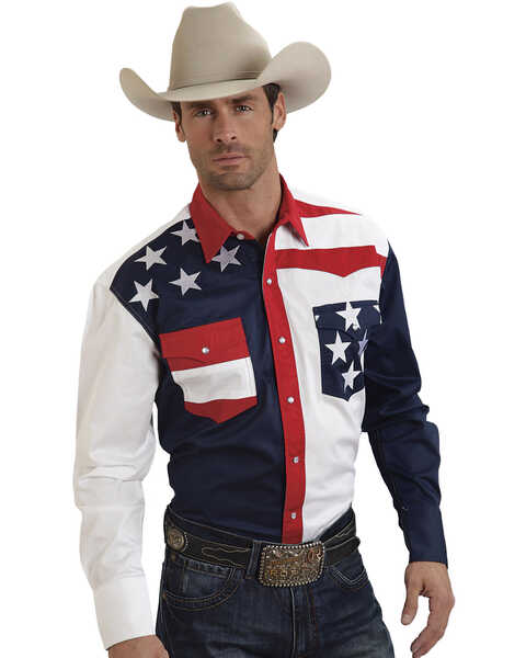 Roper Men's American Flag Long Sleeve Western Shirt, Patriotic, hi-res