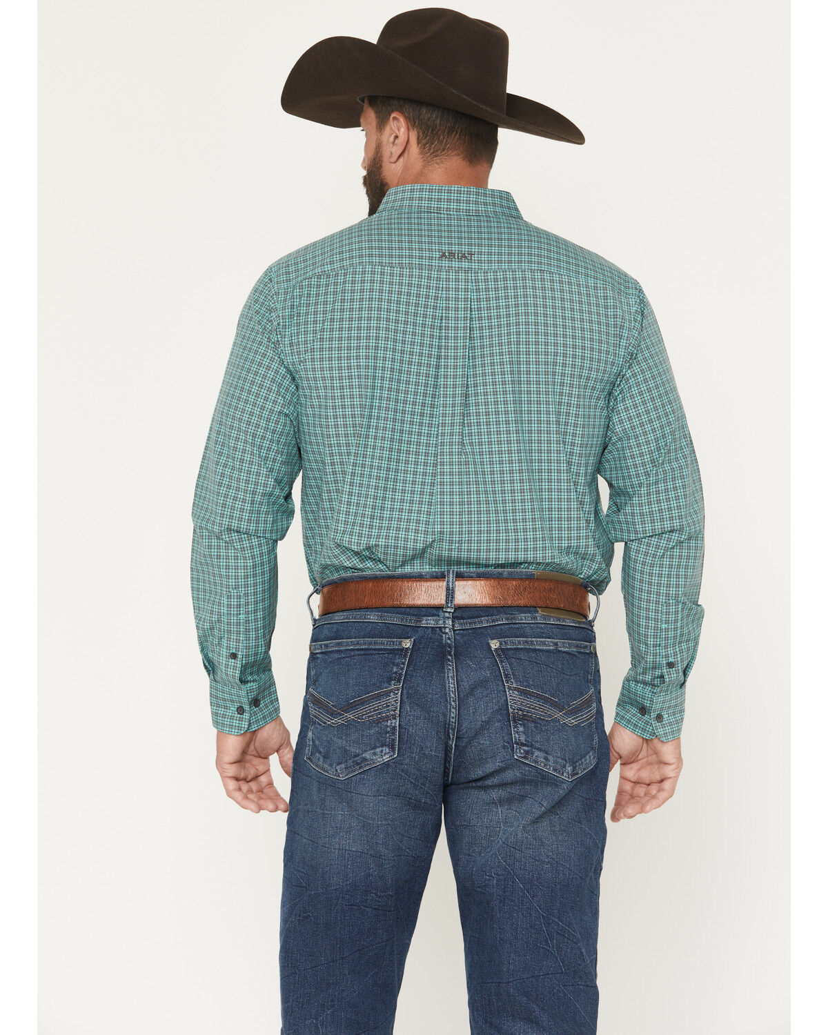 Image #4 - Ariat Men's Pro Series Brooks Plaid Print Long Sleeve Button-Down Stretch Western Shirt, Aqua, hi-res