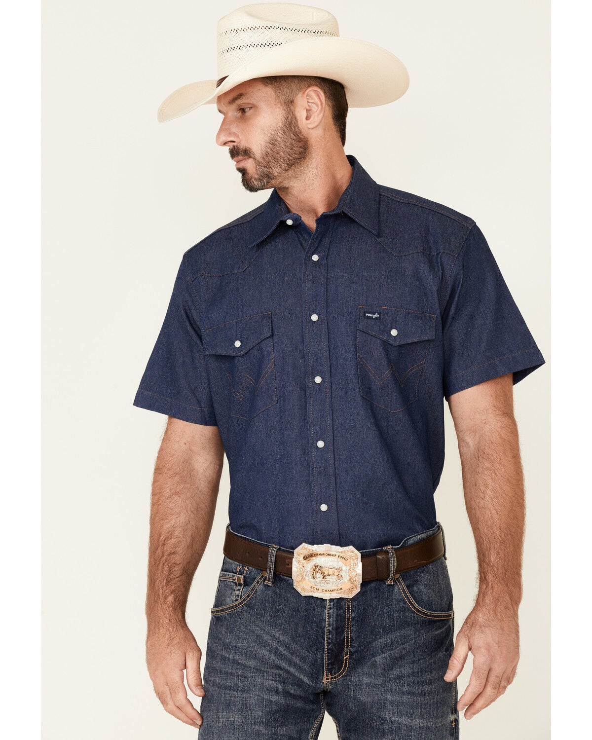 Wrangler Men's Cowboy Cut&reg; Firm Finish Denim Short Sleeve Snap Western Work Shirt, Navy, hi-res