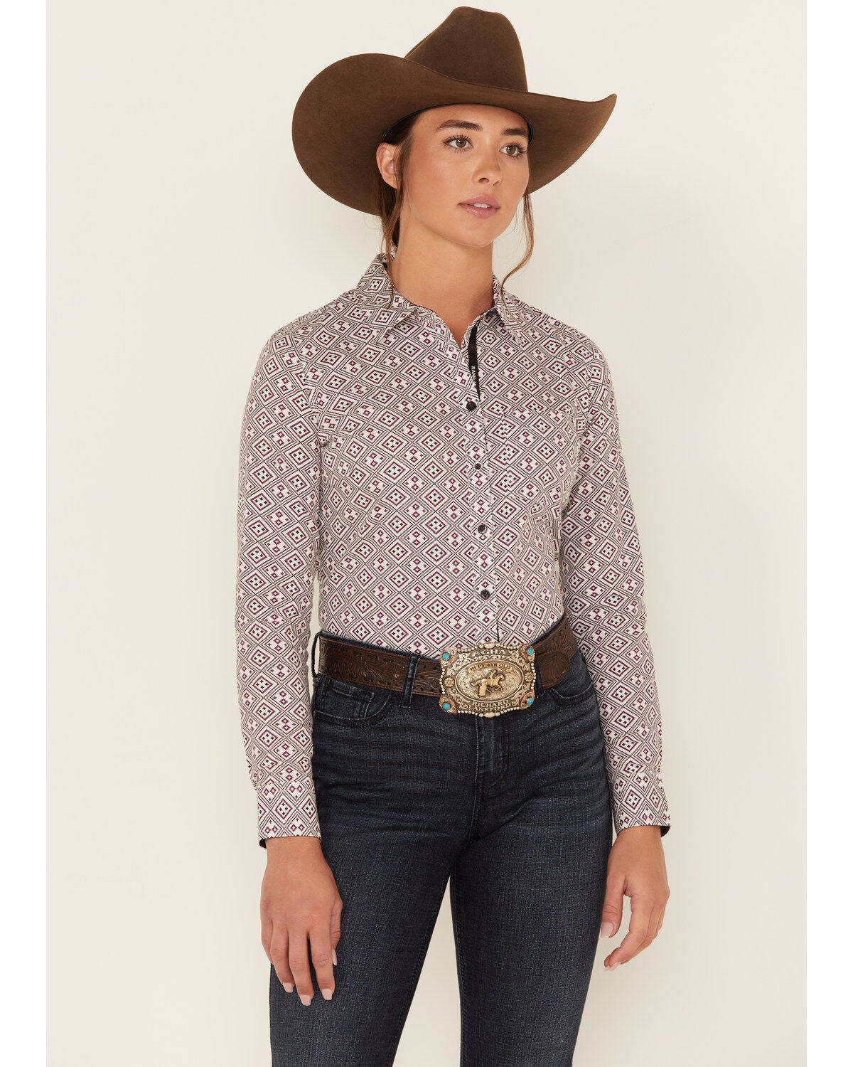 RANK 45&reg; Women's Geo Print Long Sleeve Button-Down Stretch Riding Shirt, Ivory, hi-res