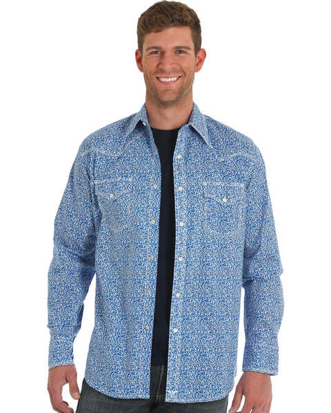 Wrangler 20X Men's Paisley Print Advanced Comfort Long Sleeve Western Shirt , Blue, hi-res