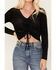 Rock & Roll Denim Women's Leopard Print Velvet Long Sleeve Cinch Crop Top, Black, hi-res