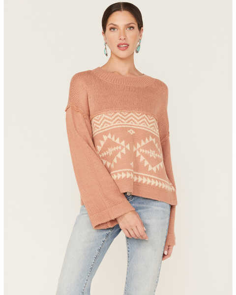 Miss Me Women's Southwestern Stripe Knit Sweater, Mauve, hi-res