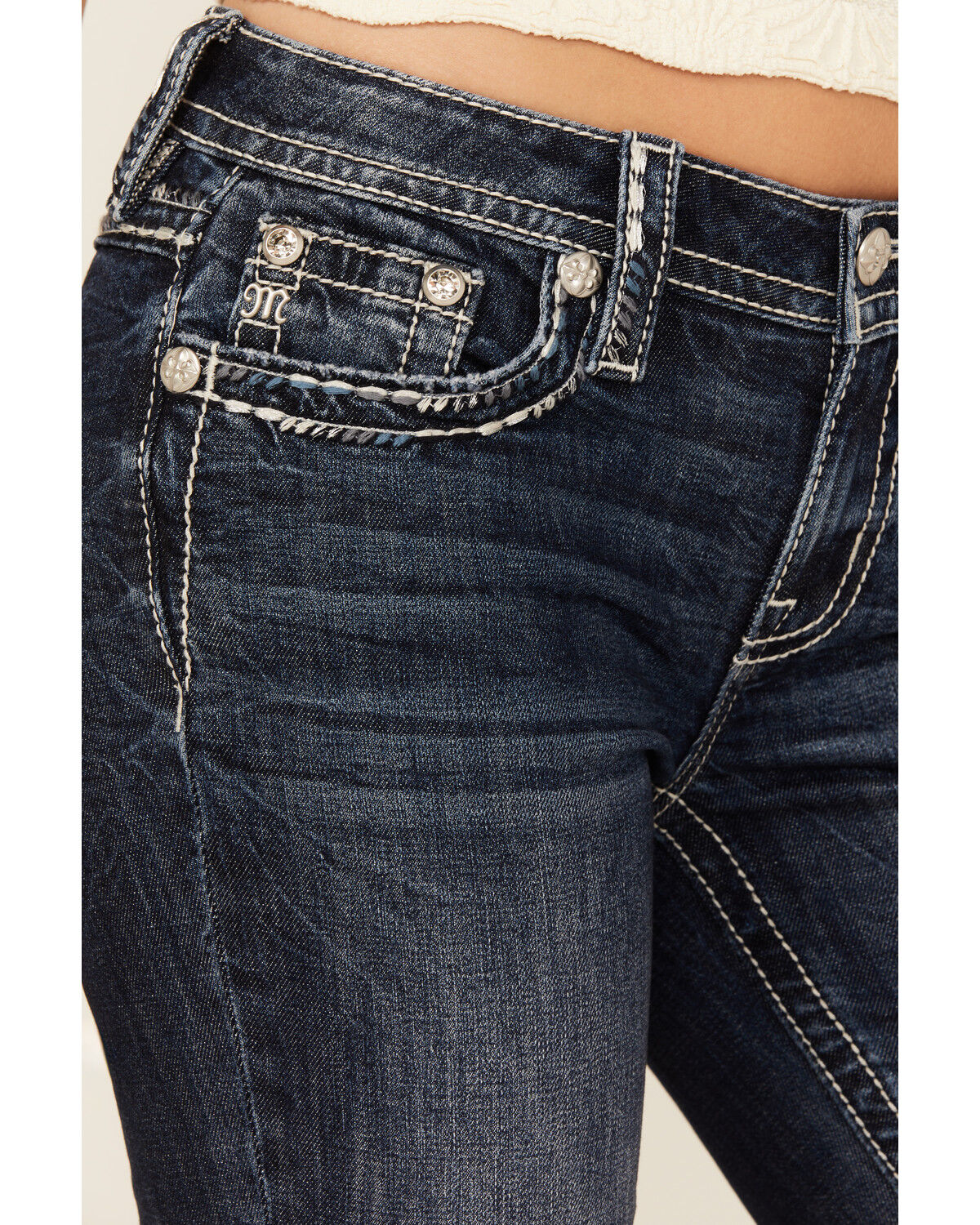Product Name:  Miss Me Women's Dark Wash Mid Rise Whip Stitch Pocket Bootcut Stretch Denim Jeans