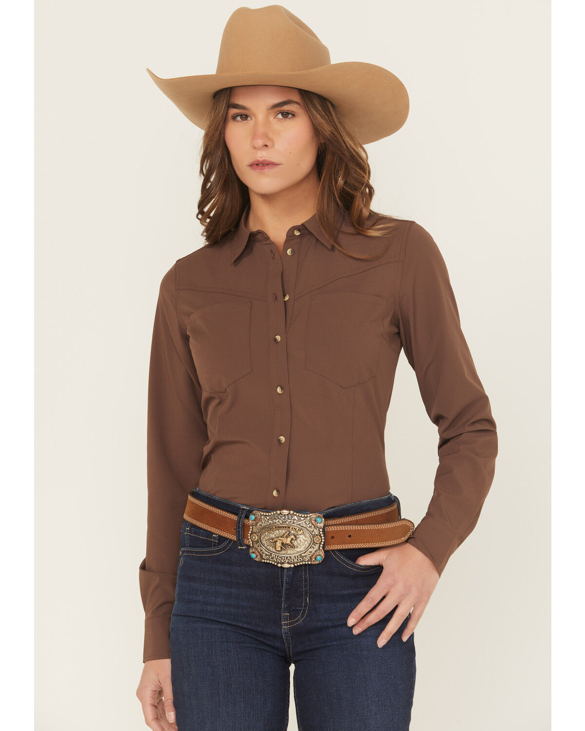 Image #1 - Shyanne Women's Solid Long Sleeve Button-Down Performance Shirt, Brown, hi-res