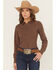 Image #1 - Shyanne Women's Solid Long Sleeve Button-Down Performance Shirt, Brown, hi-res