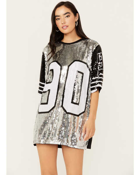 Why Dress Women's Game On Jersey Sequins Oversized Tee, Silver, hi-res
