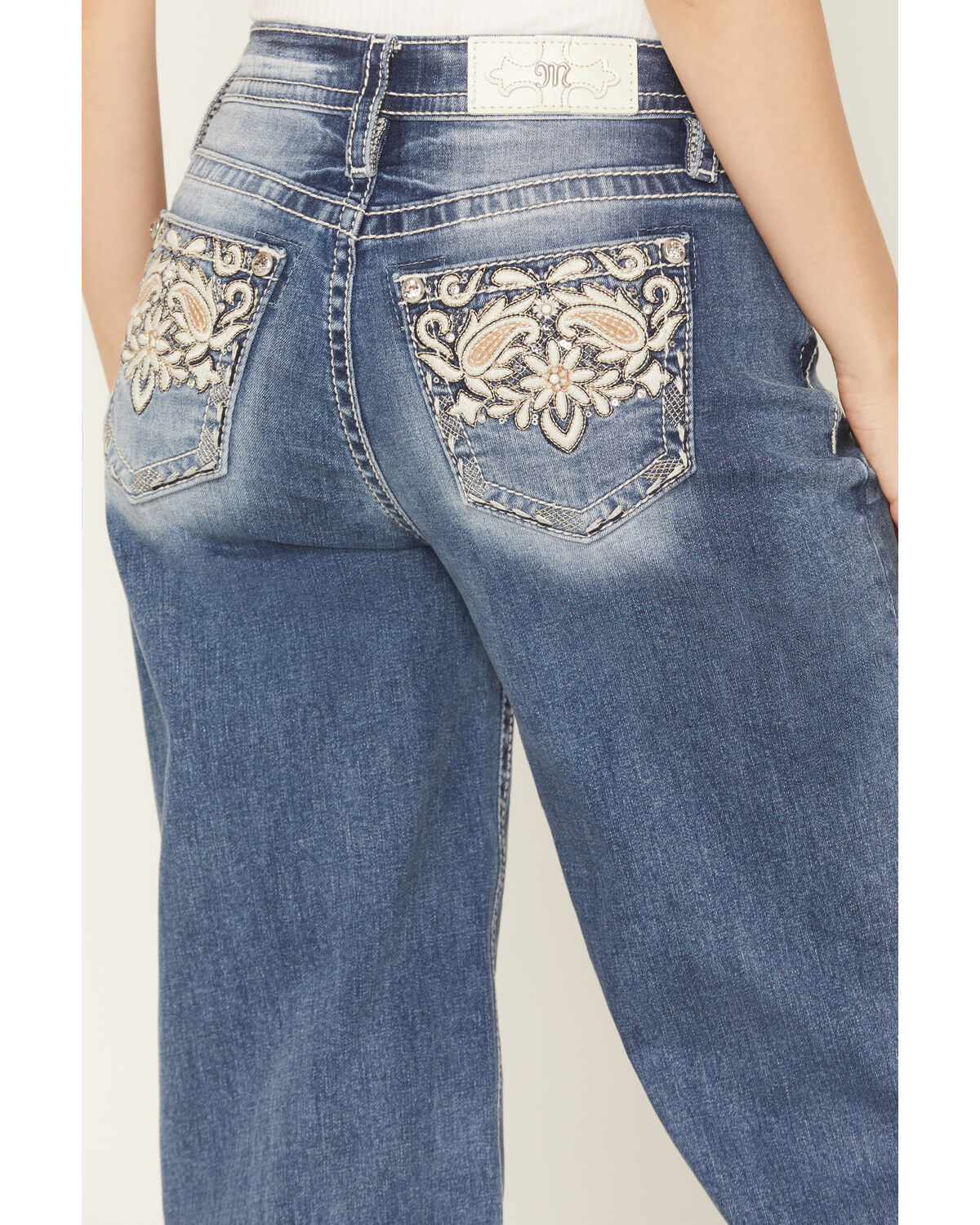 Image #2 - Miss Me Women's Medium Wash Mid Rise Paisley Pocket Slim 32" Bootcut Stretch Denim Jeans, Medium Wash, hi-res