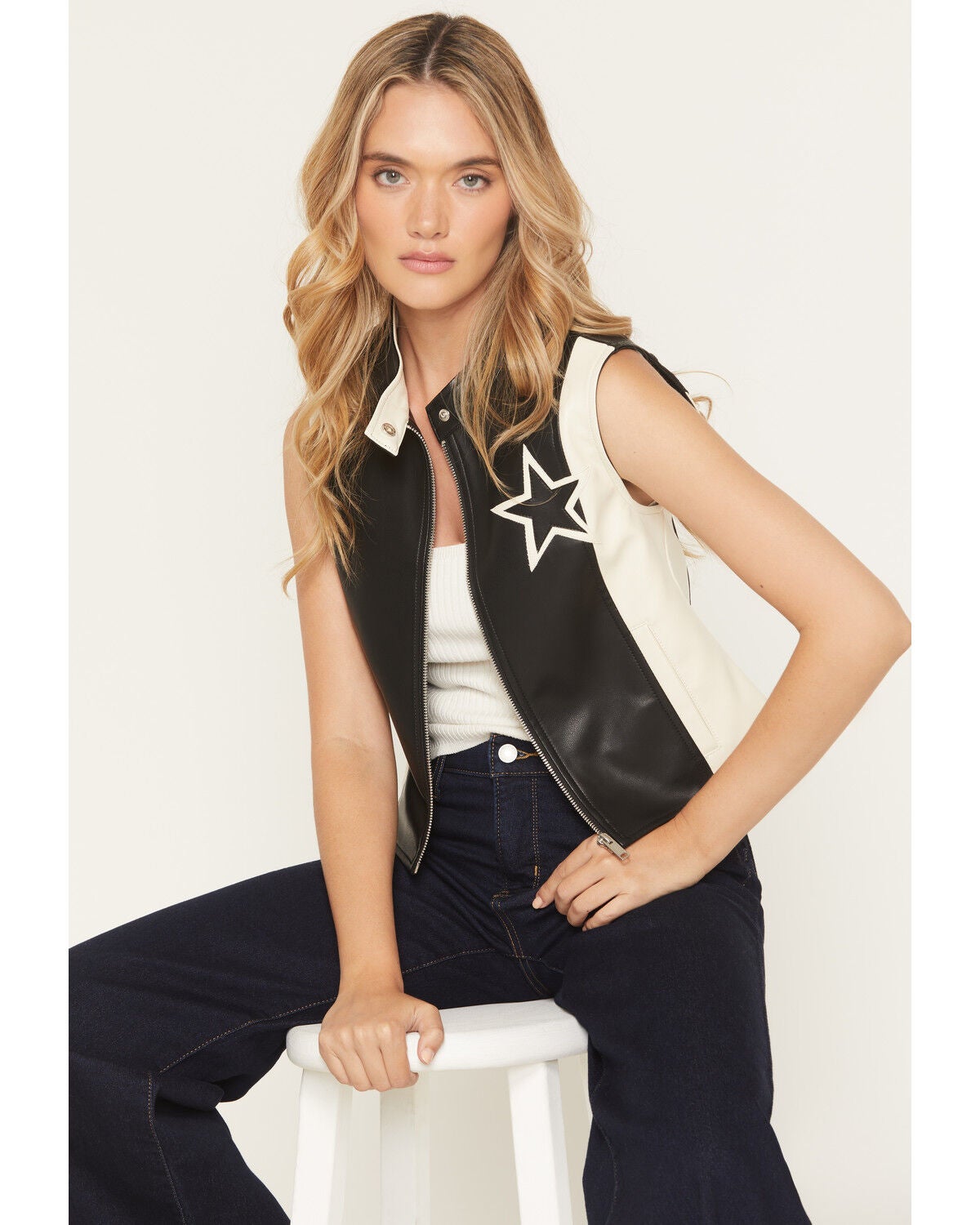 Stoosh Women's Star Faux Leather Zip-Up Vest, Black/white, hi-res