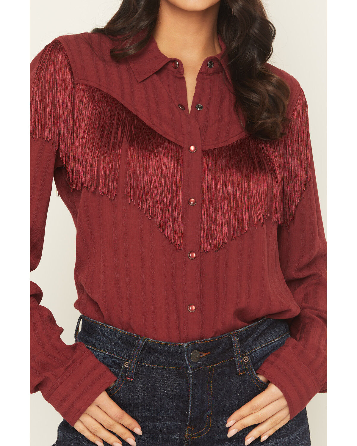 Image #5 - Idyllwind Women's Revive Fringe Long Sleeve Snap Crinkle Shirt, Cherry, hi-res