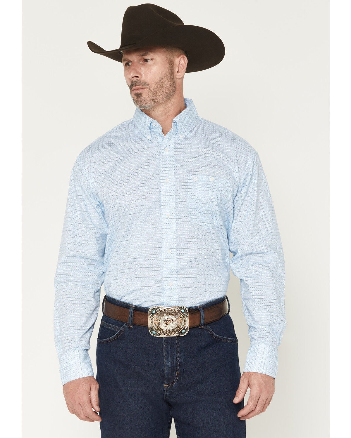 Image #1 - Wrangler Men's Geo Print Long Sleeve Button-Down Stretch Western Shirt, Blue, hi-res
