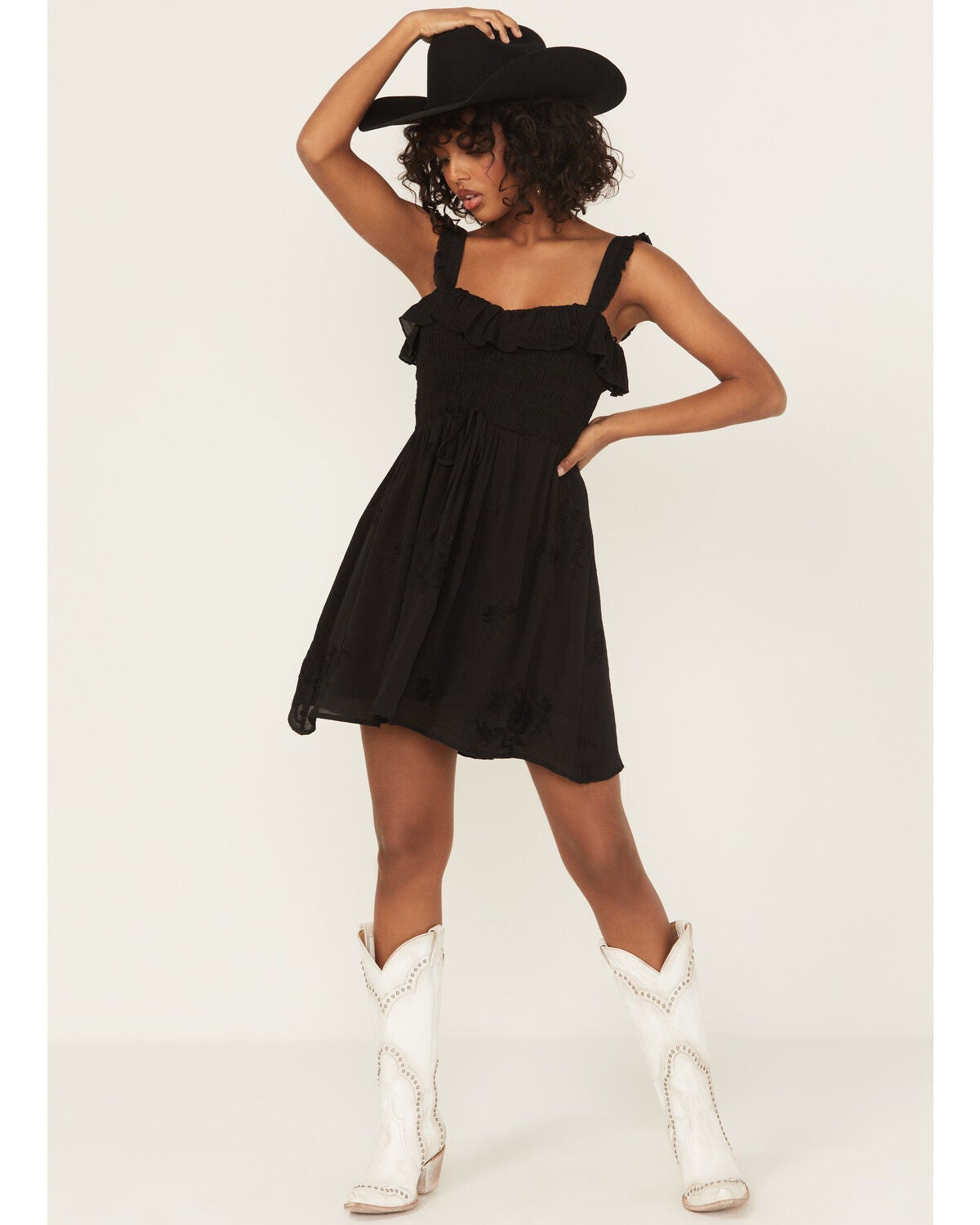 Wild Moss Women's Smocked Front Embroidered Mini Dress, Black, hi-res