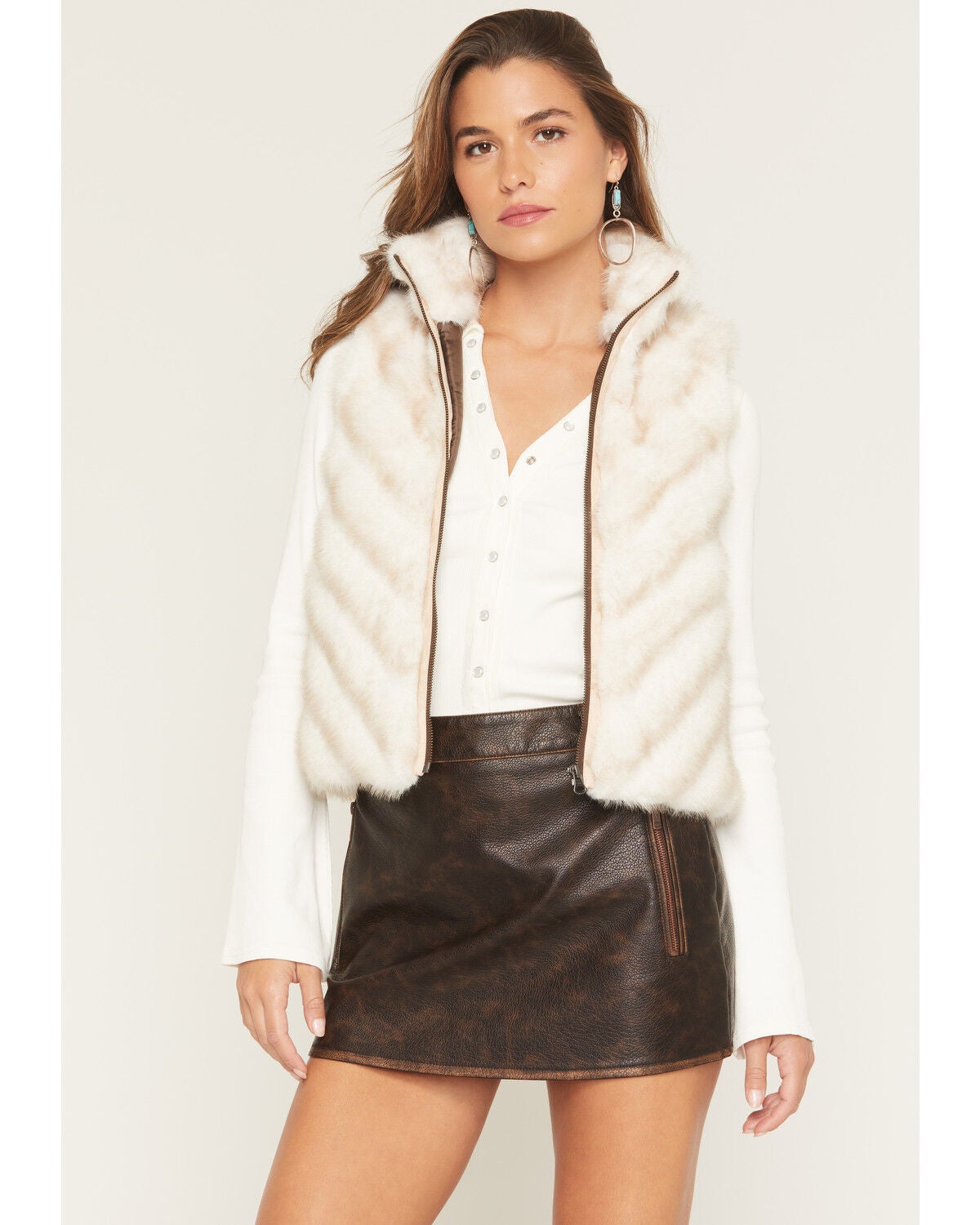 Image #1 - Cripple Creek Women's Faux Fur Microsuede Zip-Up Vest, Cream, hi-res