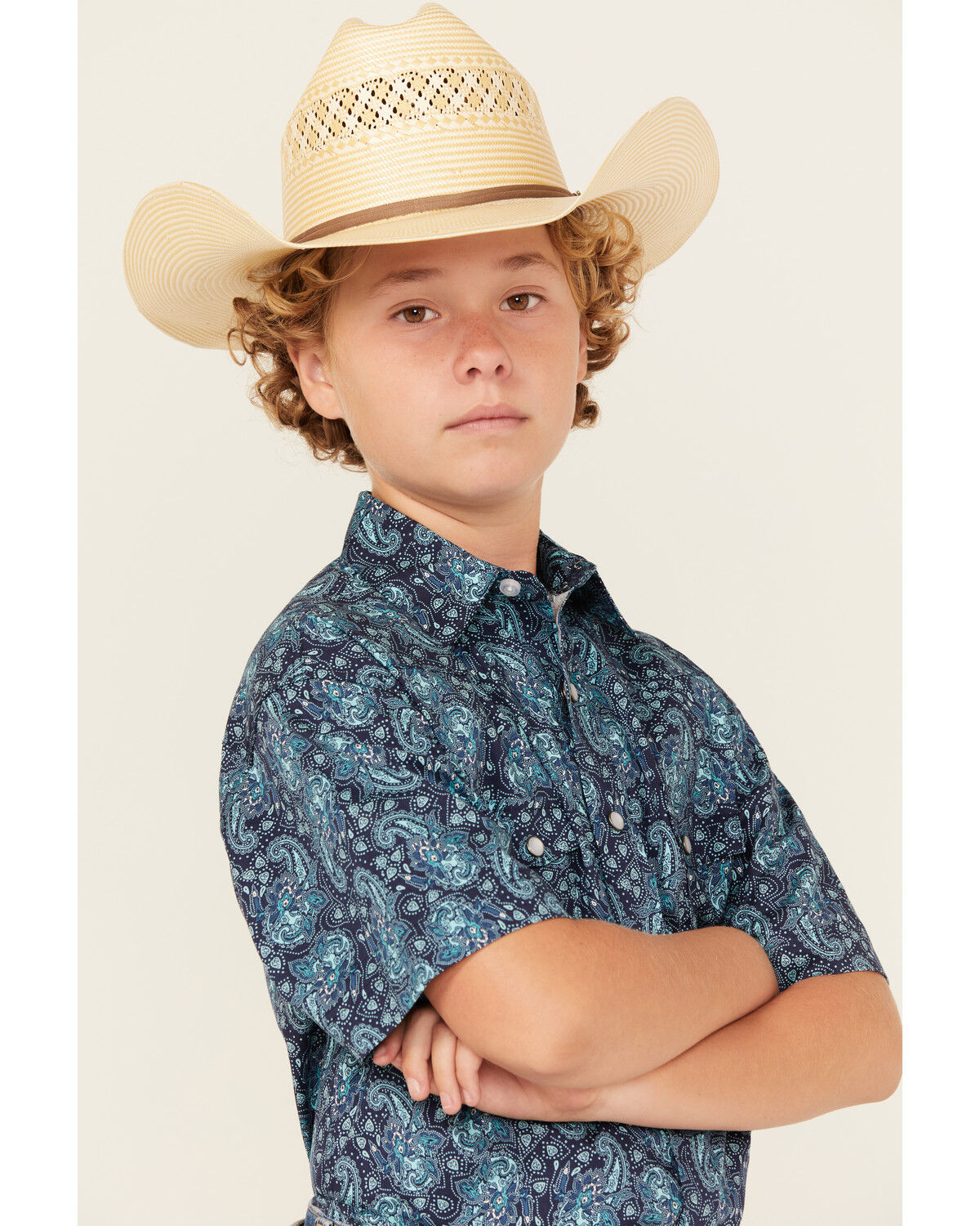Image #2 - Panhandle Boys' Paisley Print Short Sleeve Snap Western Shirt, Blue, hi-res