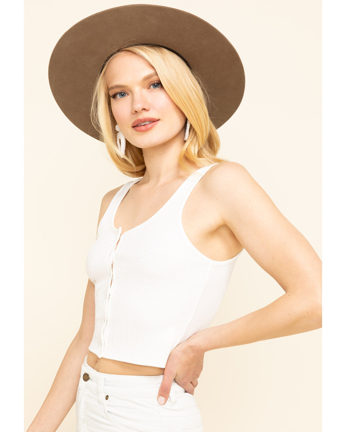 Image #3 - Miss Me Women's Ivory Ribbed Button Crop Top, , hi-res