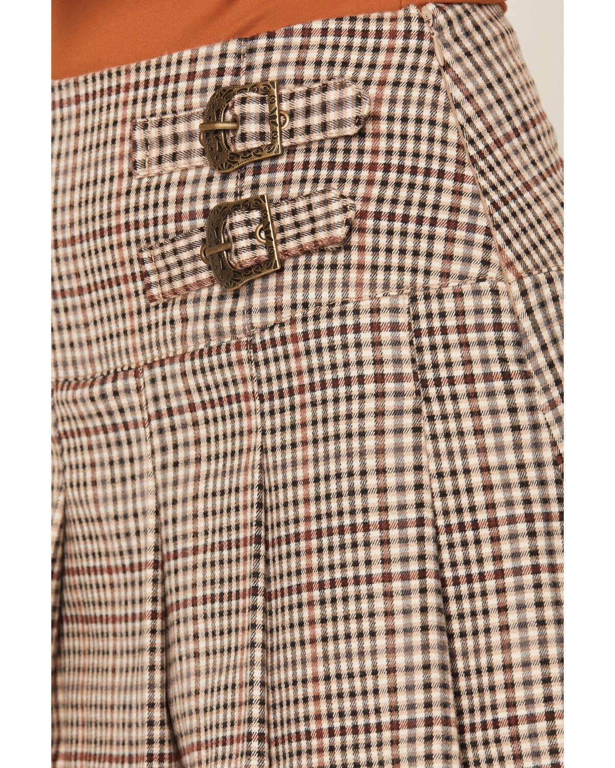Image #2 - Ashley Women's Boot Barn Exclusive Plaid Print Pleated Mini Skort, Black/tan, hi-res
