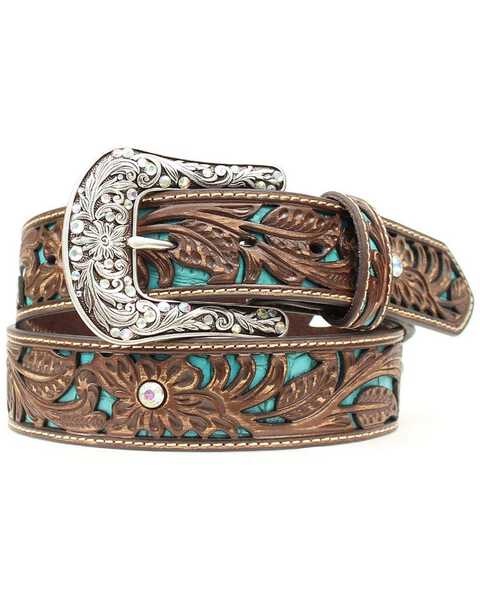 Ariat Women's Turquoise Inlay Floral Tooled Belt, Brown, hi-res