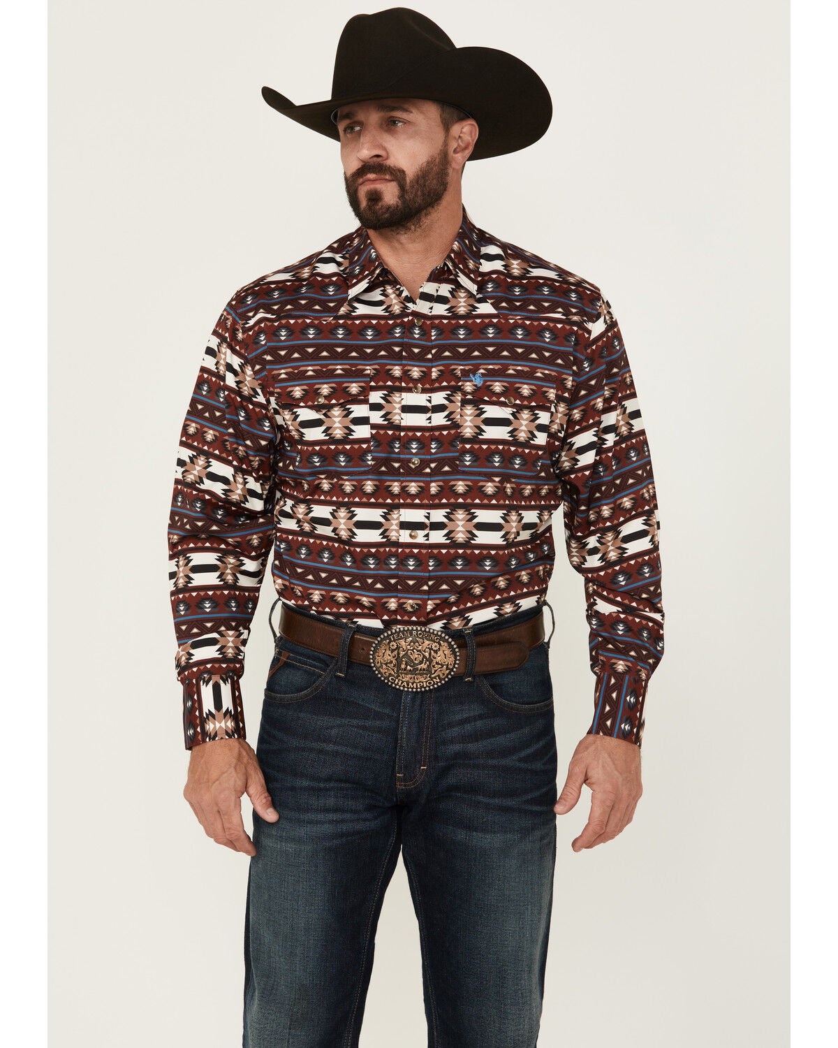 Rodeo Clothing Men's Southwestern Print Long Sleeve Snap Western Shirt, Burgundy, hi-res