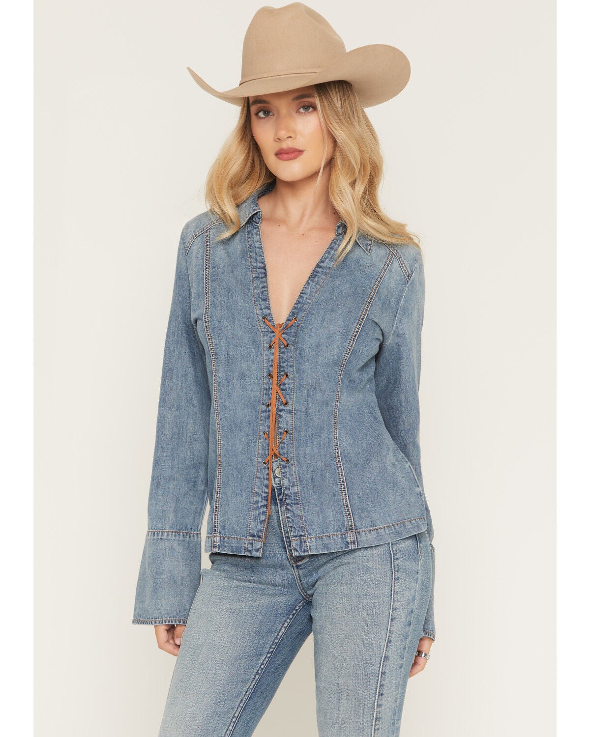 Image #2 - Idyllwind Women's Avery Lace-Up Denim Slub Shirt, Medium Wash, hi-res
