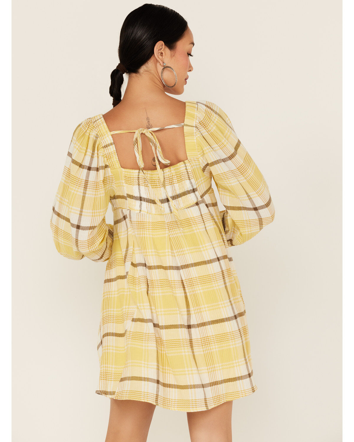 Image #4 - Miss Me Women's Plaid Print Babydoll Mini Dress, Yellow, hi-res