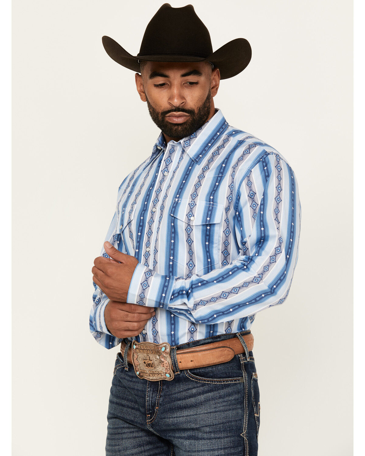 Image #2 - Wrangler Men's Checotah Southwestern Print Long Sleeve Snap Western Shirt - Big, Blue, hi-res