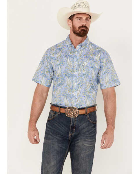 Image #1 - Panhandle Select Men's Paisley Print Short Sleeve Button-Down Western Shirt , Blue, hi-res