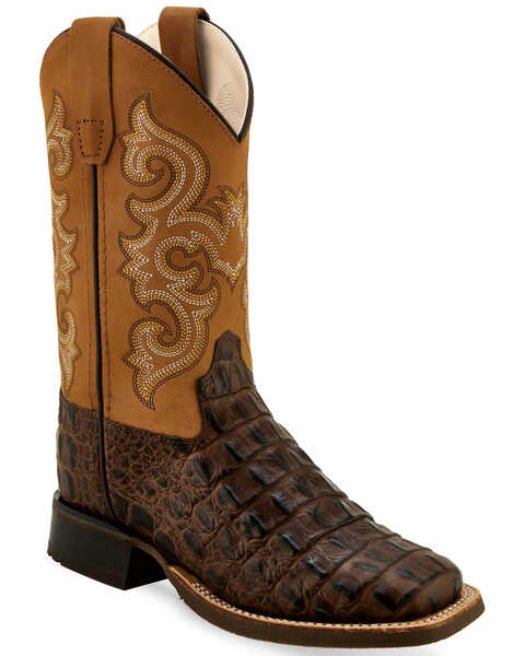 Old West Boys' Gator Print Western Boots - Broad Square Toe, Brown, hi-res