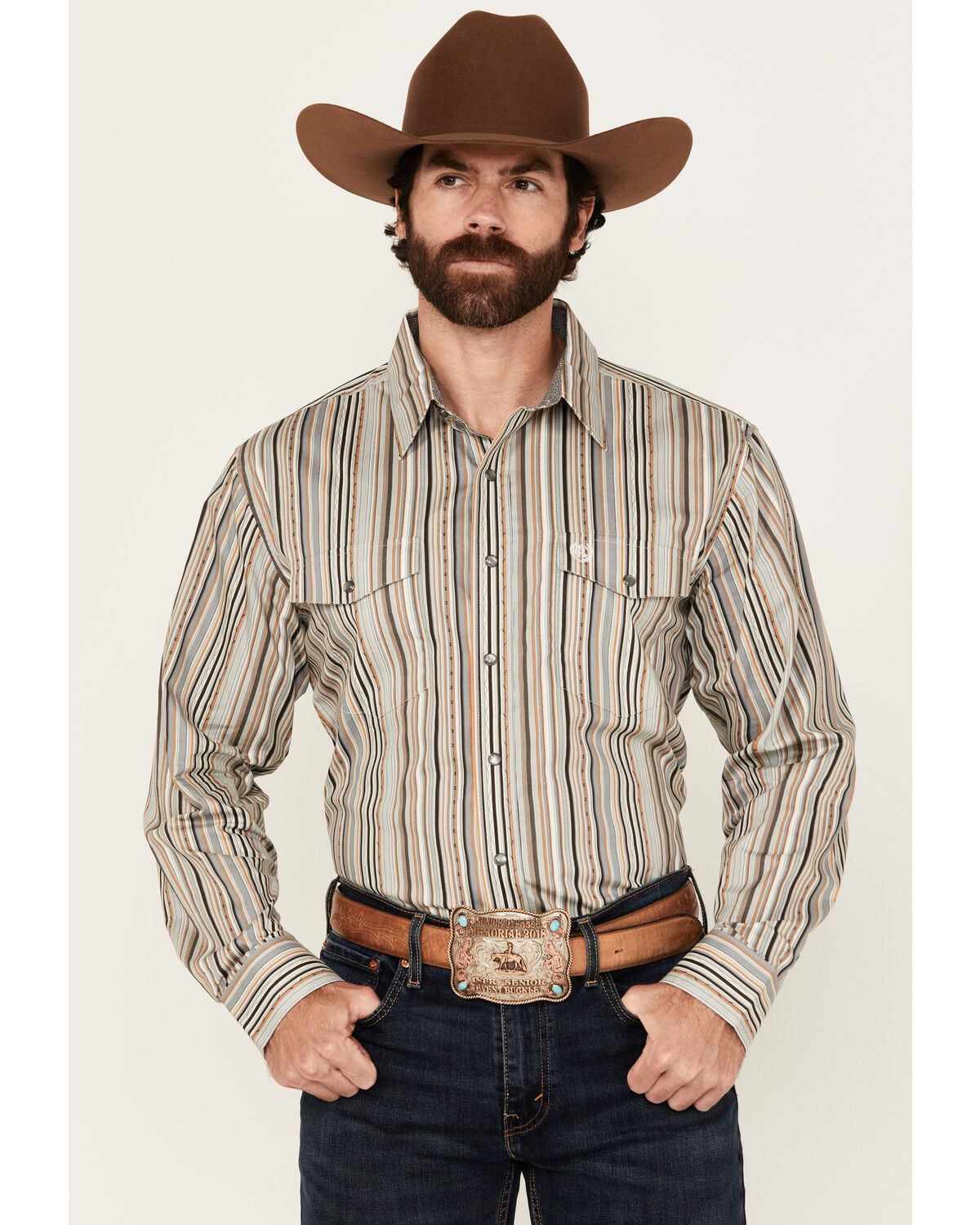 Image #1 - Panhandle Select Men's Striped Long Sleeve Pearl Snap Western Shirt, Sand, hi-res