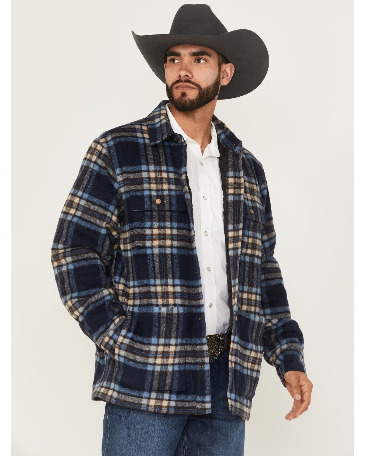 Wrangler Men's Plaid Print Quilt Lined Snap Shirt Jacket, Navy, hi-res