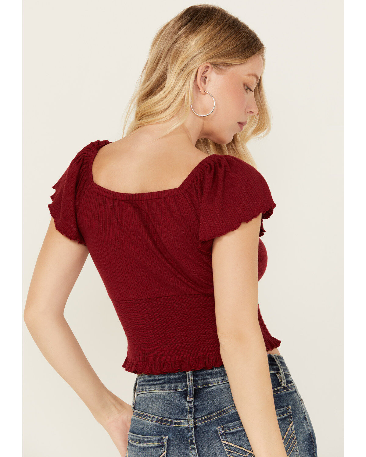 Image #4 - Idyllwind Women's Pointe Flutter Sleeve Smocked Top, Dark Red, hi-res