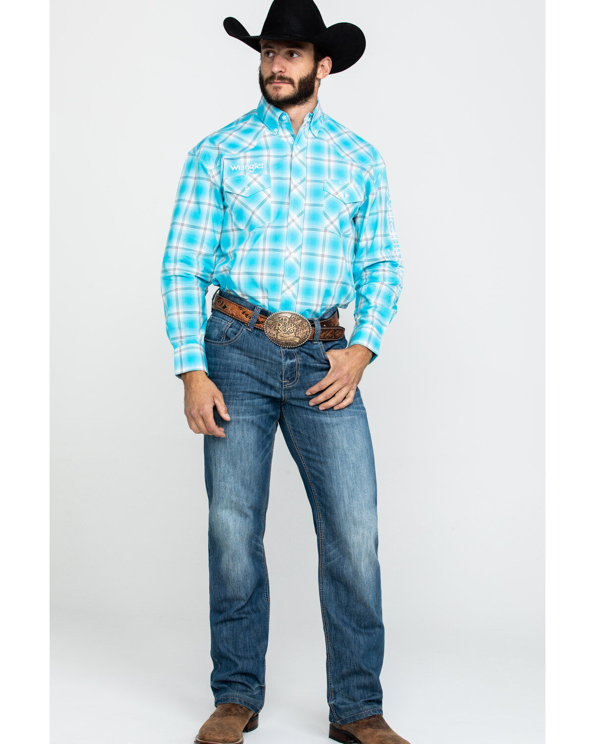 Image #6 - Wrangler Men's Turquoise Logo Large Plaid Long Sleeve Western Shirt , , hi-res