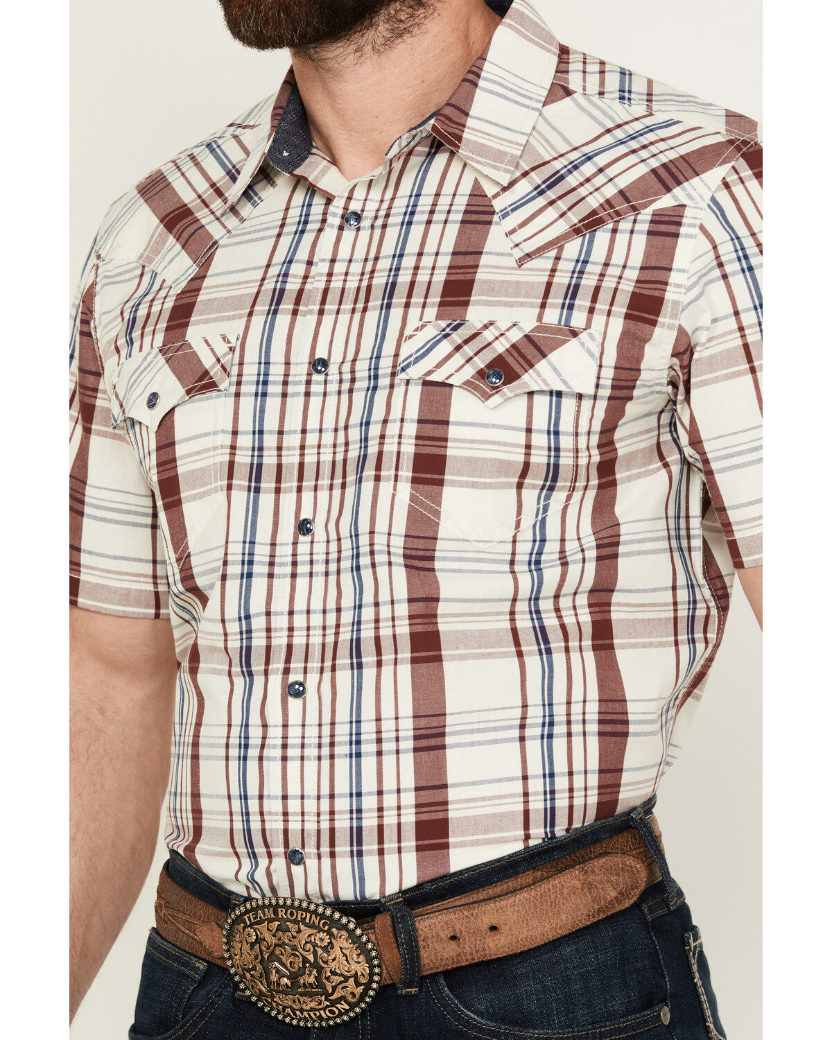 Image #3 - Cody James Men's Festive Plaid Print Short Sleeve Snap Western Shirt, , hi-res