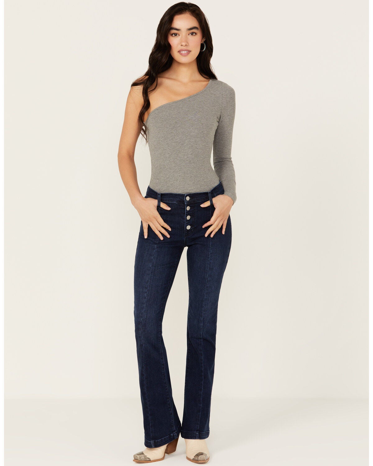 Sneak Peek Women's Dark Wash Mid Rise Exposed Button-Fly Stretch Trouser Jeans, Dark Wash, hi-res