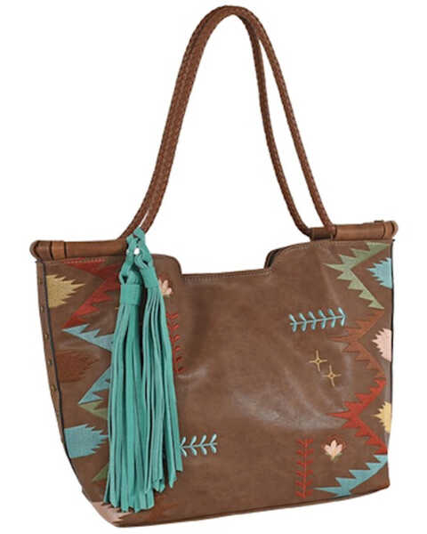 Catchfly Women's Brown Multicolored Embroidered Tote Bag, Brown, hi-res